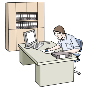 Illustration eines Mannes, der an einem Schreibtisch sitzt und Notizen macht. Auf dem Tisch befinden sich ein Computer, ein Ordner und Schreibutensilien. Im Hintergrund ist ein Regal mit Aktenordnern zu sehen.