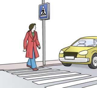 Illustration einer Person, die an einem Fussgängerstreifen über die Strasse geht. Ein gelbes Auto nähert sich, und ein Verkehrsschild für einen Fussgängerüberweg ist sichtbar.