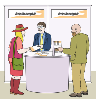 Illustration eines Messestands mit drei Personen. Ein Mann hinter dem Stand reicht einer Frau einen Flyer, während ein weiterer Mann daneben steht.